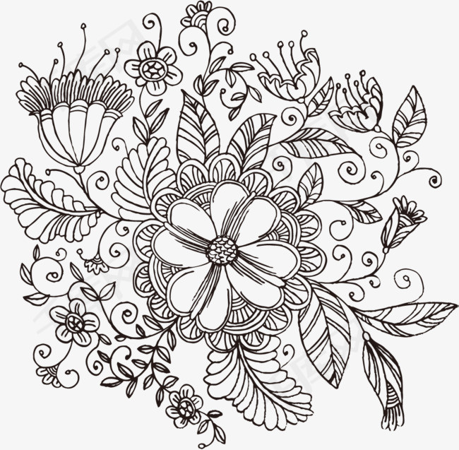 黑色线描花朵叶子免抠png