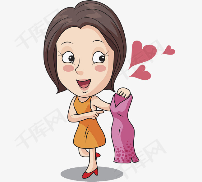 试衣服的女人漂亮的卡通女人试衣服连衣裙高兴地