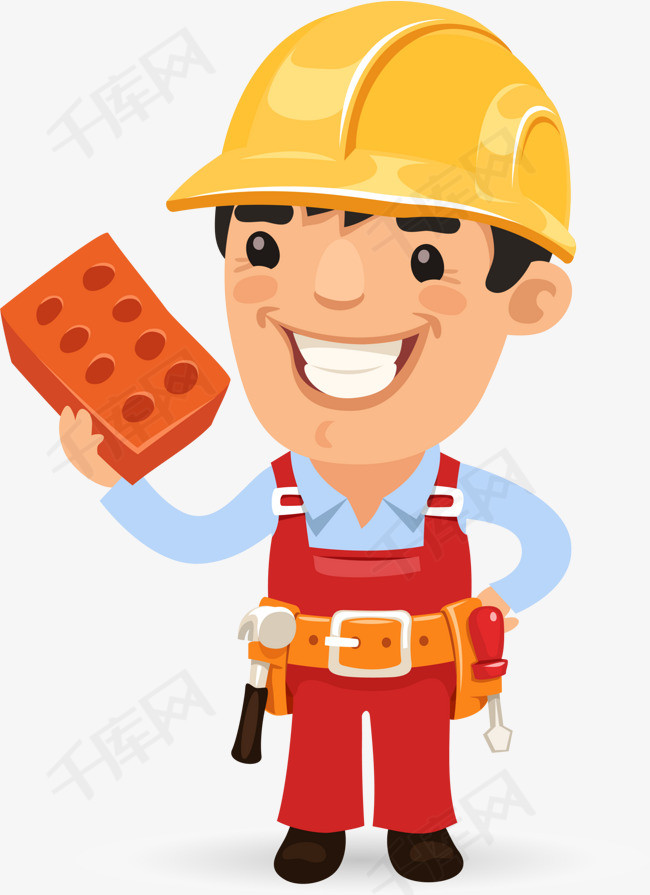 卡通建筑工人卡通人物露齿大笑红色砖头黄色帽子工具建筑工人