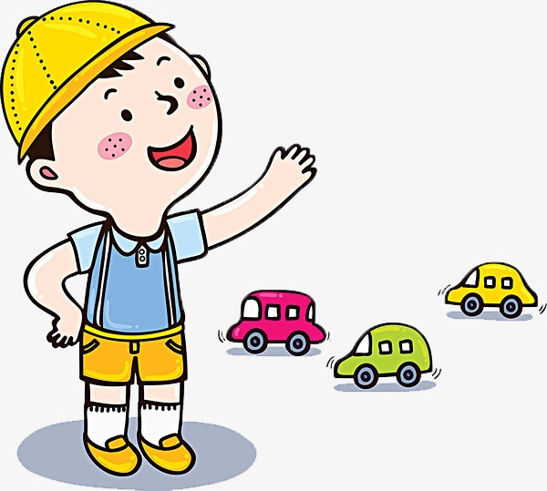 一个在招手的男孩子得意的笑卡通手绘男孩子玩具车戴帽子穿背带裤