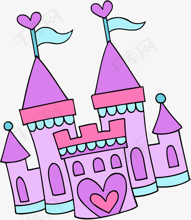 卡通紫色大型城堡卡通城堡紫色城堡紫色爱心童趣蓝色旗子大型城堡