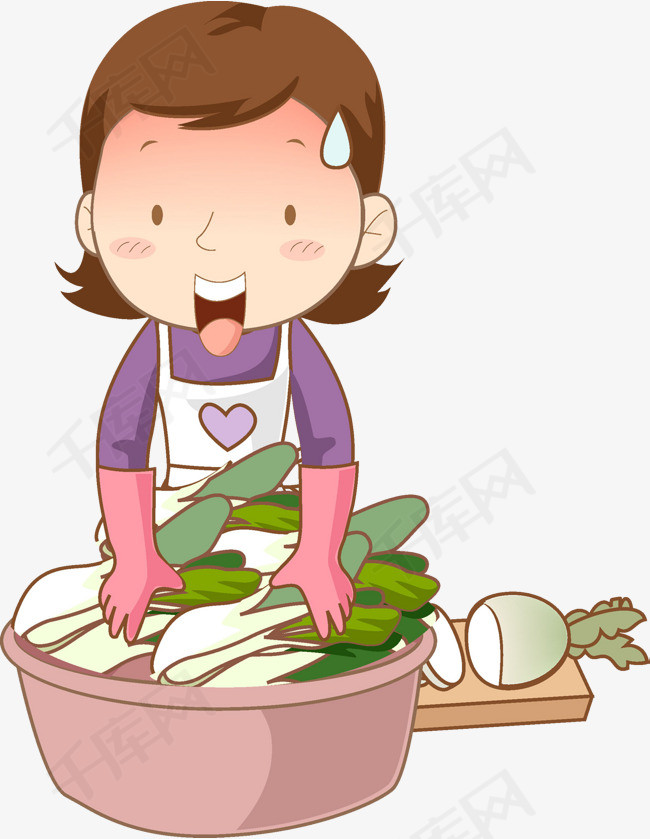 手绘洗蔬菜的女人场景图家庭主妇蔬菜卡通女人洗蔬菜惊恐的