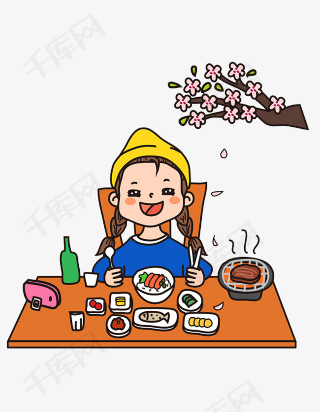 长发女孩开心吃饭桃花树户外多彩丰盛长发可爱