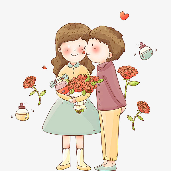 免抠卡通相爱的两个人卡通相爱的两个人玫瑰花朵亲吻免抠男女站立的