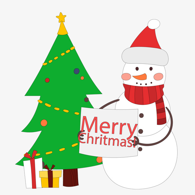 可爱圣诞雪人和圣诞树可爱卡通手绘圣诞节快乐圣诞节圣诞雪人