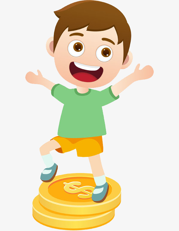 卡通站在金币上的男孩免抠图小男孩卡通可爱的高兴地插图金币