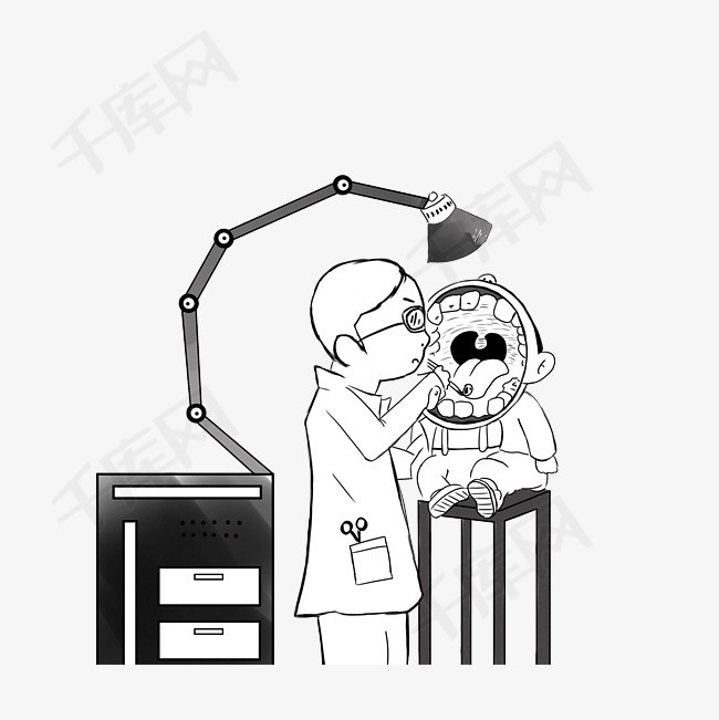 手绘老实配合牙医检查的小孩素材老实手绘图检查牙齿张大嘴巴坐着的
