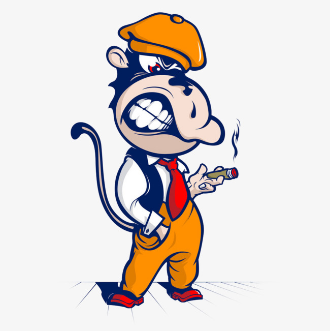 卡通生气的猴子先生手插口袋抽雪茄插画免抠素