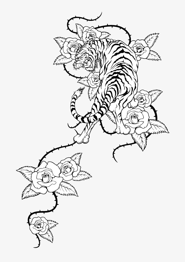 手绘花朵上的老虎