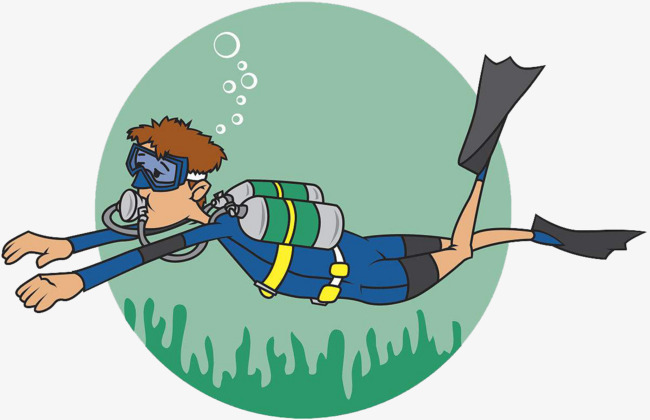 在水中自由自在的潜水员装饰png卡通手绘装饰氧气瓶水泡潜水员教育