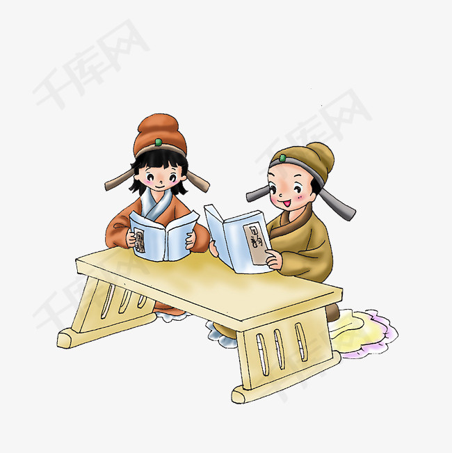 卡通认真看书的古代小孩素材古人看书古代小孩读书识字古风插画