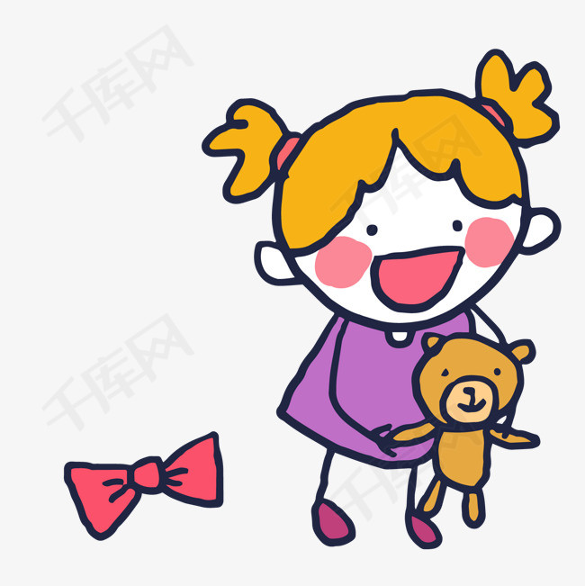 卡通抱着布娃娃女孩卡通人物小熊娃娃红色蝴蝶结矢量图小女孩儿童