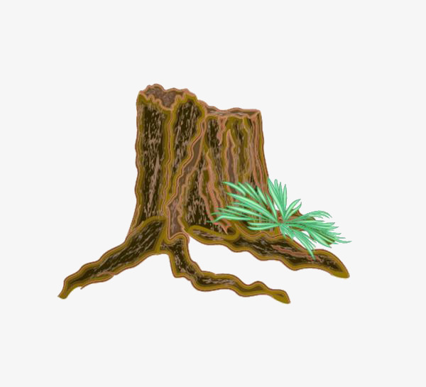 手绘褐色长草老树根