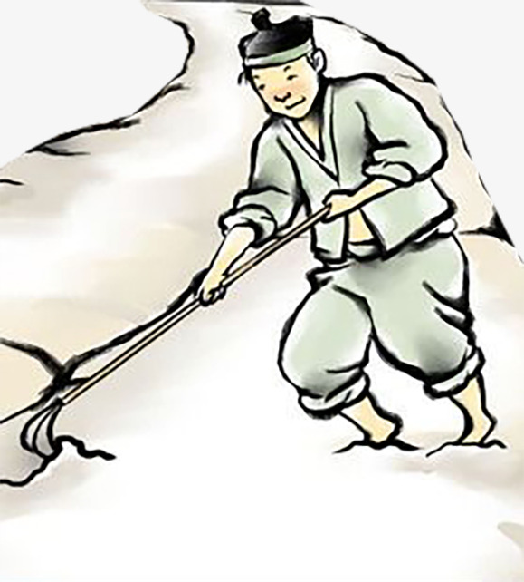 古代用锄头在黄色土地里耕作的戴头巾的农民