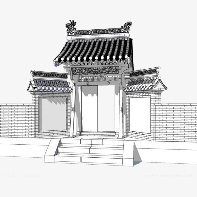 中国风古代门线稿中国风线稿水墨古代大门庭院瓦片