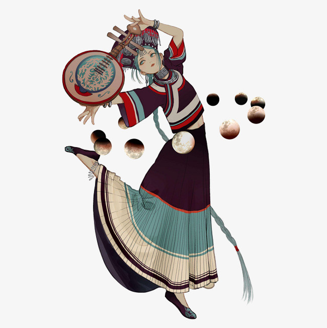 卡通唯美少数民族彝族美女弹琴跳舞插画免抠