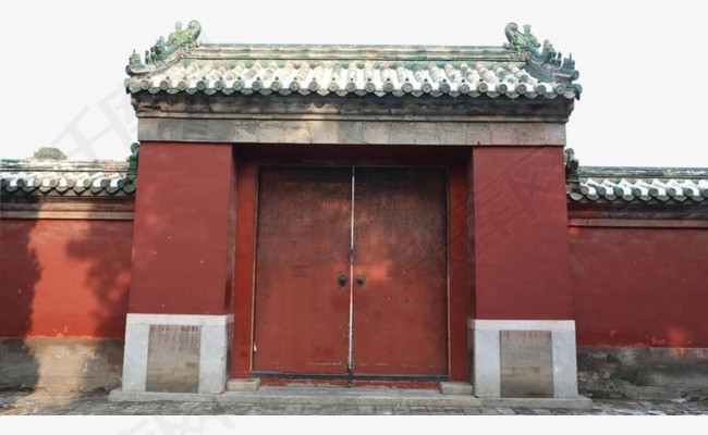 红色中国风古代围墙门房