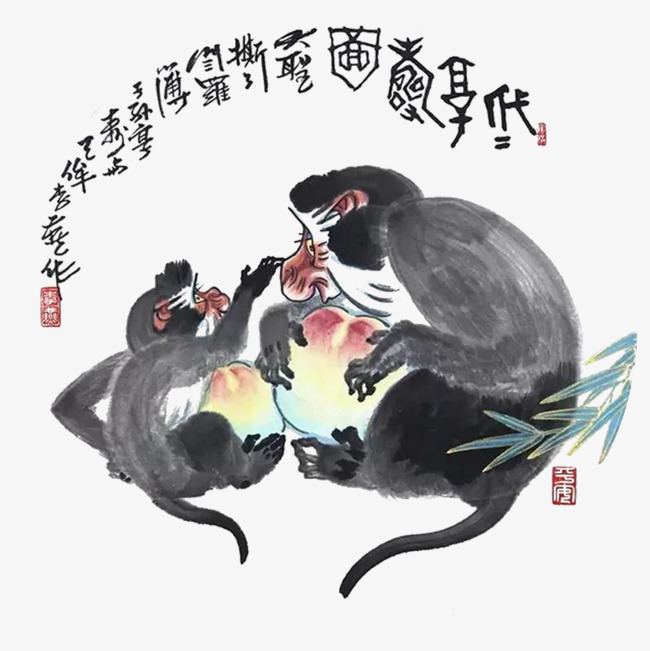 中国风水墨两只猴子抱桃插画免抠