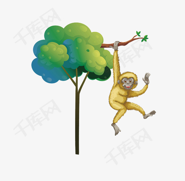 猴子爬树免抠png猴子爬树卡通动物手绘大树猴子