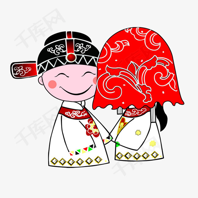 卡通中国风新郎新娘红盖头结婚婚礼新娘新郎喜庆