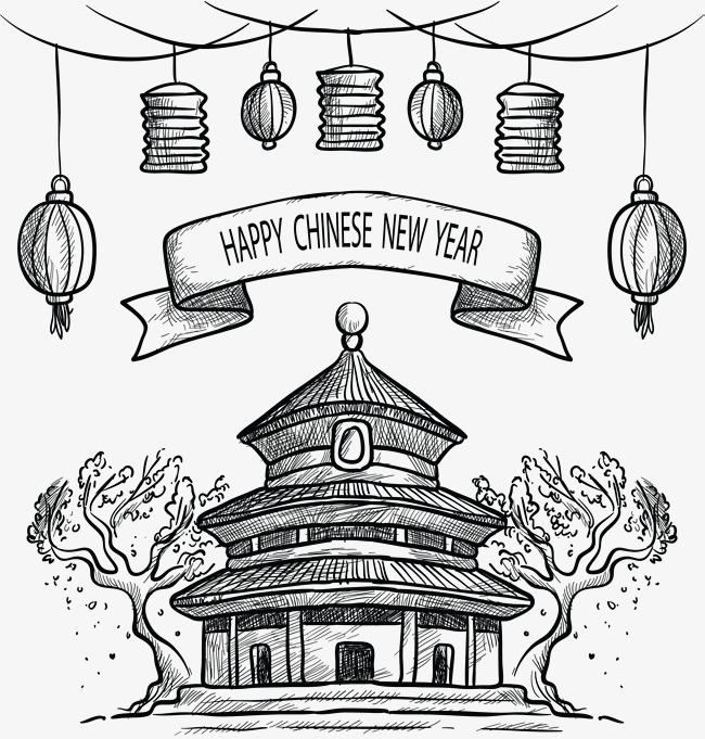 手绘风素描中国新年矢量png中国新年新年海报古楼素描古楼手绘灯笼