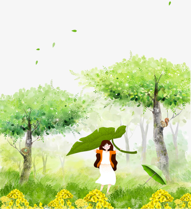 免抠卡通手绘森林里下雨用叶子挡雨的女孩
