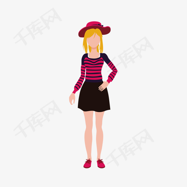矢量创意叉腰美女矢量手绘戴帽子叉腰女生模特