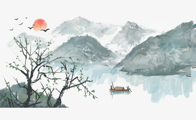 清明节水墨山水插画素材