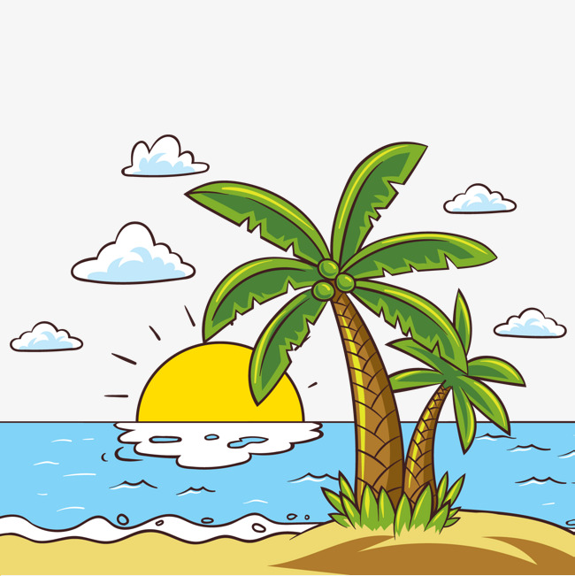 彩绘棕榈树大海风景矢量风景画大海沙滩海报棕榈树矢量图