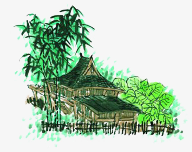可爱竹子小茅屋竹林卡通竹林可爱小屋子竹子绿色芭蕉叶