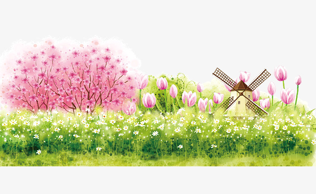 春季春暖花开卡通手绘景色