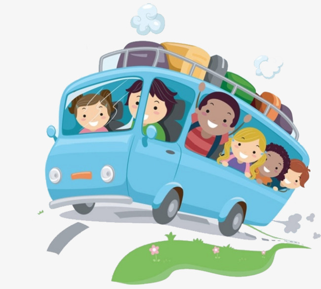 蓝色大巴车上的学生卡通行李箱人物儿童学生大巴车