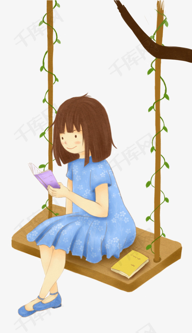 卡通手绘女孩坐在秋千上看书