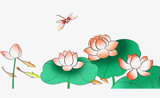手绘小清新荷花素材彩绘装饰图案荷花莲花荷叶蜻蜓