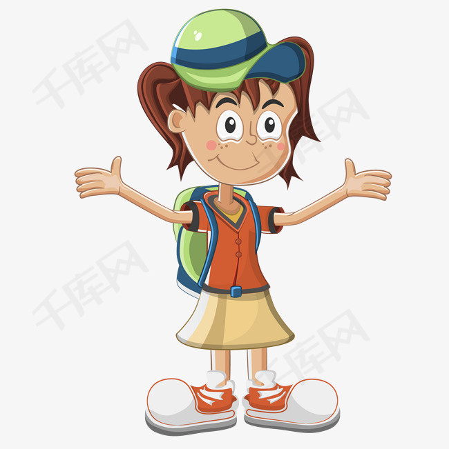手绘矢量开心背书包小女生