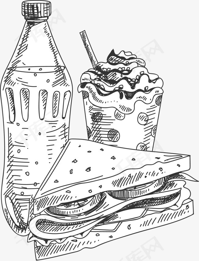 可乐三明治冰激淋素描画