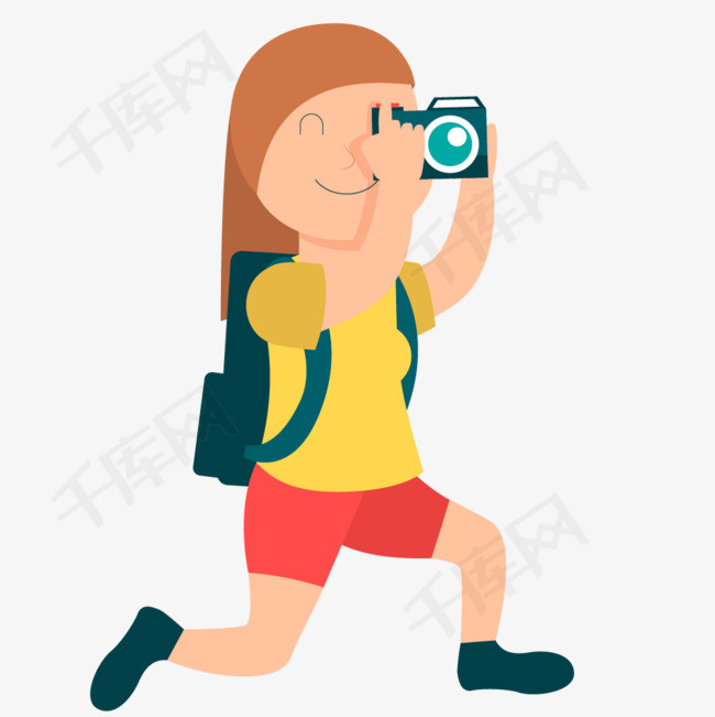 正在拍照的卡通女孩卡通人物女孩拍照旅行游玩