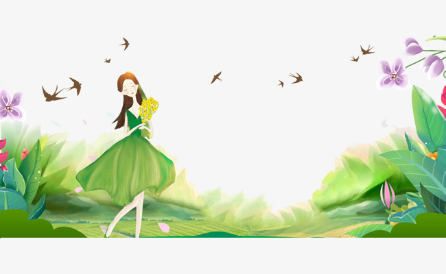 绿色手绘清新唯美春季少女海报绿色唯美蝴蝶花瓣少女清新