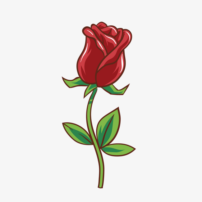彩绘红玫瑰花枝矢量图红色玫瑰花卡通植物卡通花卉矢量图背景装饰红色