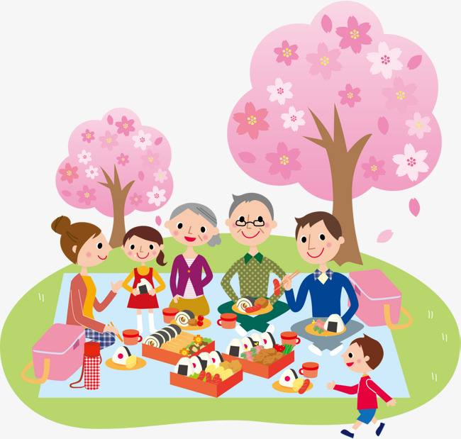 春天野游的一家人春天野游野餐粉色大树绿色草地开心幸福一家人