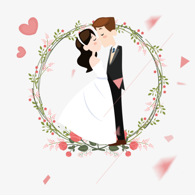 免抠卡通手绘花环里亲吻的新娘新郎