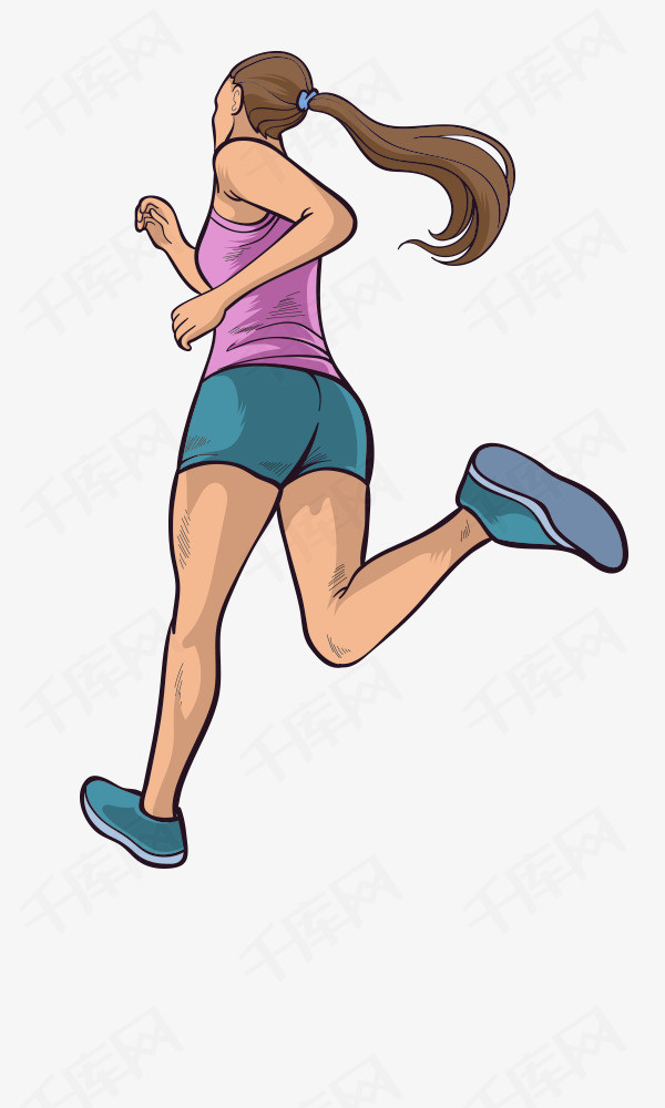 手绘卡通人物跑马拉松的女孩身姿背影