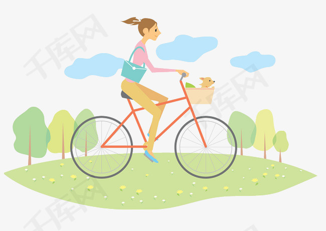 女人骑自行车踏青插画
