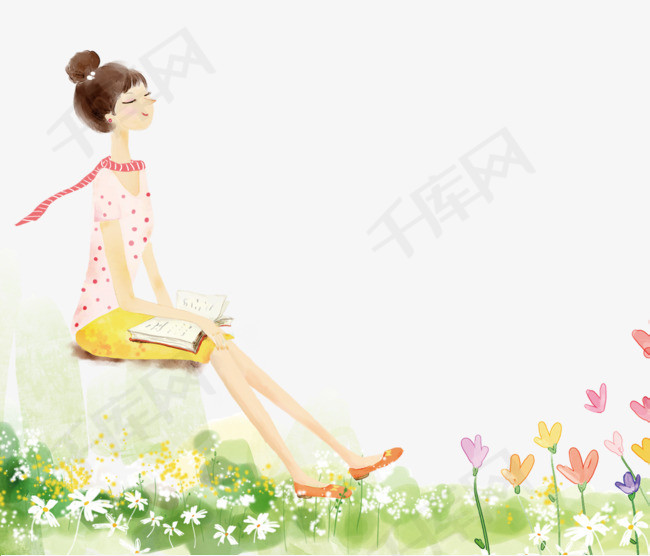 手绘水彩清新淡雅插图春天读书的女孩