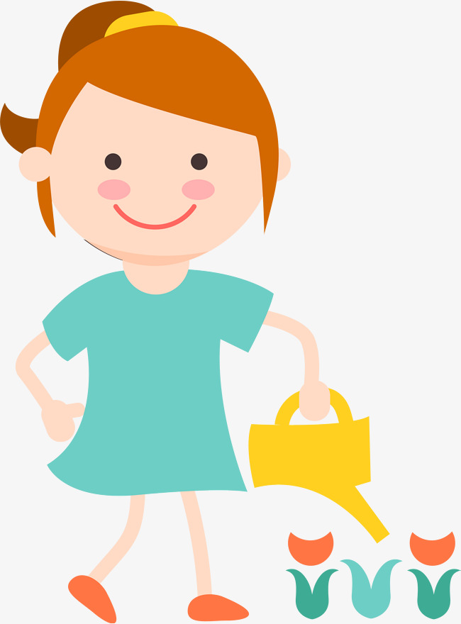 春天浇花的小女孩