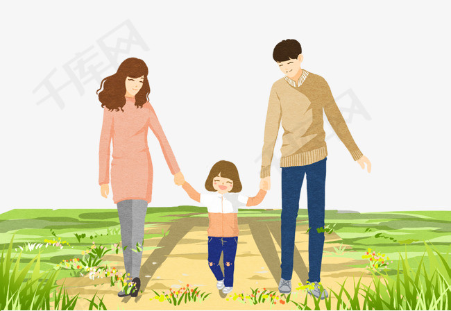 手绘国际家庭日一家人三口之家手拉手散步插画