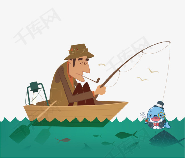 卡通手绘钓鱼休闲插画休闲钓鱼卡通手绘船绿色鱼