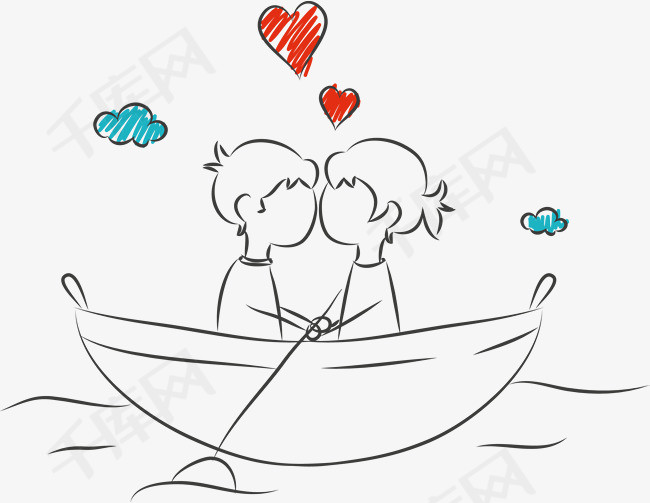 插画风划船的情侣插画风甜蜜蜜爱情亲嘴爱心满满划船的情侣
