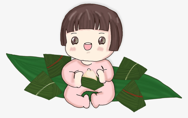 手绘可爱插图端午节传统吃粽子的小女孩
