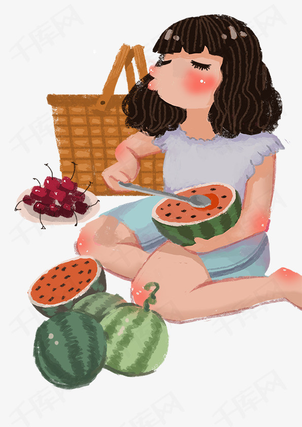 手绘可爱女孩插图吃西瓜